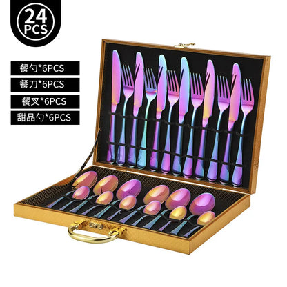 24pcs Golden Tableware Set Light Luxury Stainless Steel Cutlery Fork Knife Spoon Dinnerware Set Minimalist Decor with Gift Box