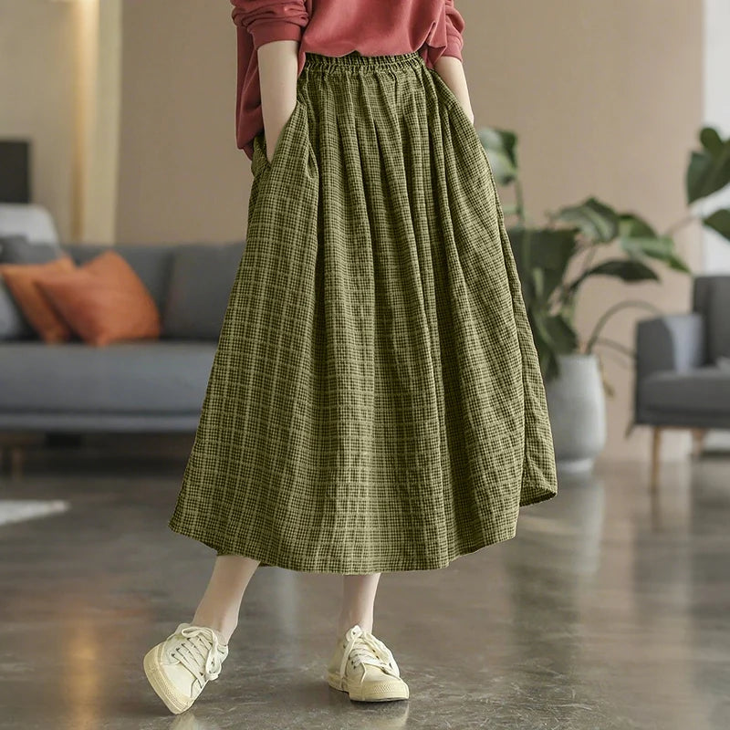 ZANZEA Women's Vintage Gingham Midi Skirts Casual Elastic Waist Gathered A-Line Skirt 2025 Autumn Woman Clothing Bottoms S-3XL.