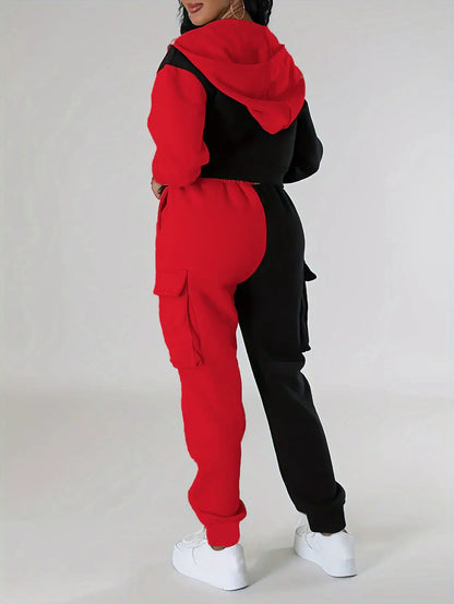 Women Loose Autumn Winter Two Pieces Suit Matching Sets Hoodie Tracksuit Blocked Zipper Short Outerwear Drawstring Cargo Pants