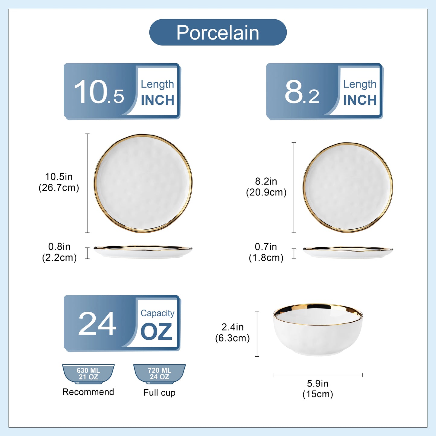 LOVECASA 12/24 Piece Ceramic Porcelain White and Golden Rim Dinnerware Sets With 4/8 PCS Dinner Plate/Dessert/Cereal Bowl for 4.