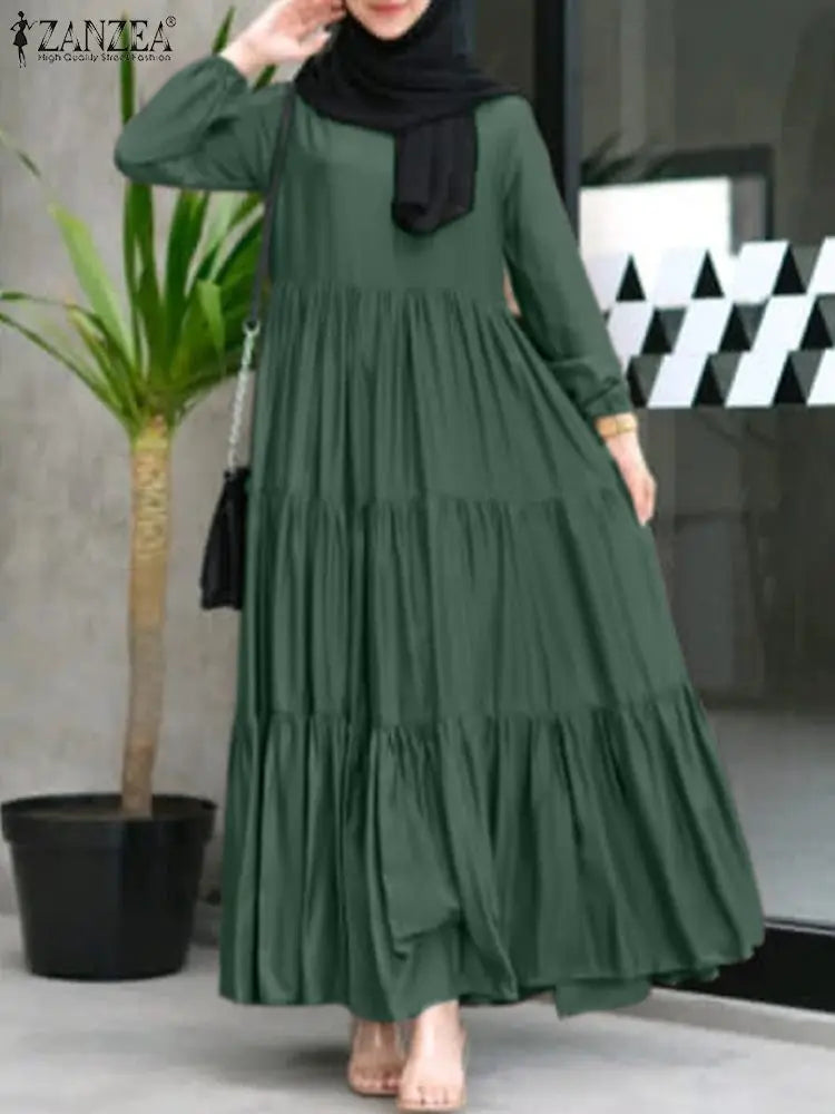 ZANZEA Muslim Fashion Tiered Long Dresses Women Islamic Hijab Style Casual Long Sleeve O Neck Maxi Vestidos Solid Abaya Robes.