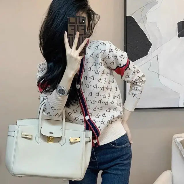 Women Knitwear Fashion Letter Jacquard Thin Cardigan Spring Slim Y2K V-neck Long Sleeve Tops Commute Vintage Sweaters.