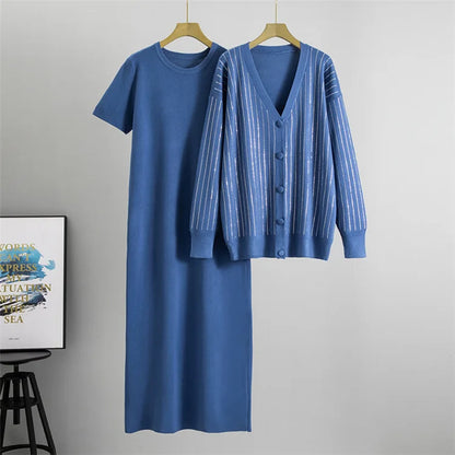 Women Knit 2 Piece Set Cardigan Set Sweater Muslim Short Sleeve Long DressEnsemble Knitwear Suit Modest Autumn Winter Outfits.