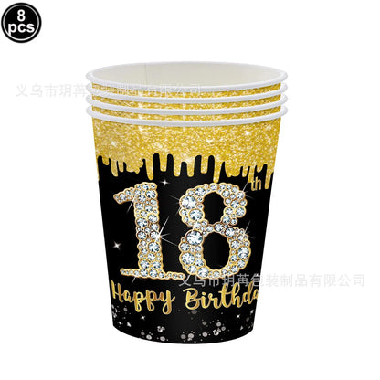 Dekore zum 18. Geburtstag für Jungen und Mädchen, Schwarz-Gold, Party-Banner, Ballon-Tischdecke, Teller, Tasse, Serviette, Partyzubehör zum 18. Geburtstag.