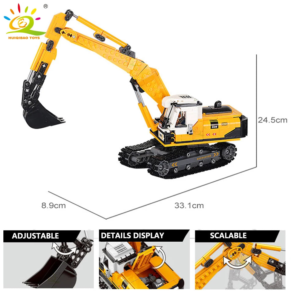 HUIQIBAO Engineering Truck Building Blocks Vehicle Excavator Bulldozer Crane Car Bricks City Construction Toys For Children Boys.