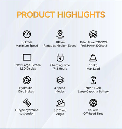 OOTD T90 Foldable Adult Electric Scooter, 85km/h E-Scooter, 4200W Electric Kick Scooter, 60V 31.2Ah Skateboards Kickboard, 100km.