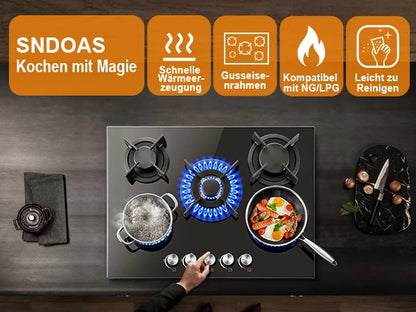 5 Burners 70 cm Glass with Automatic Flame Protection, Natural Gas Propane Gas, Built-in Gas Hob.