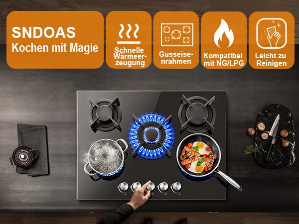 5 Burners 70 cm Glass with Automatic Flame Protection, Natural Gas Propane Gas, Built-in Gas Hob.