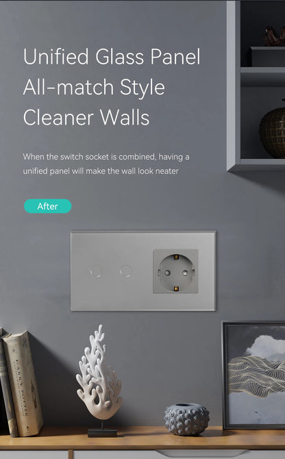 BSEED Touch-Schalter mit EU-Stromsteckdose, graue LED-Wandleuchte, 1/2/3 Gang, 1-Wege-Kristallglas-Panel, dunkelblaue Hintergrundbeleuchtung.