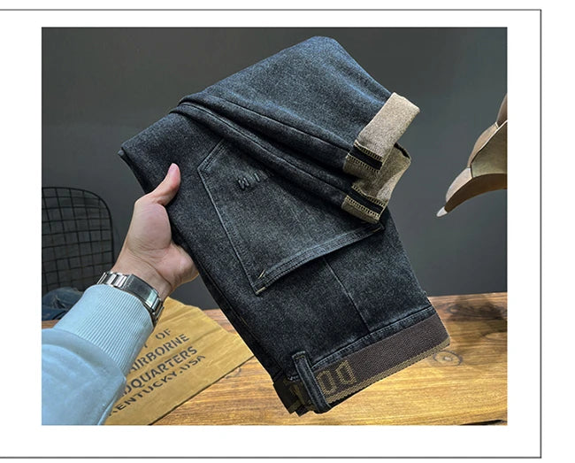 Tapered Jeans for Men's Clothing Autumn New Fashion Embroidered Korean Harem Pants Casual Stretch Black Denim Trousers.