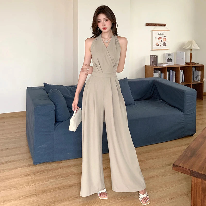 2025 Women Summer Clothes Sexy Halter Backless Folds Jumpsuits Female Wide Leg Loose Rompers Ladies Solid Long Jumpsuit C260.