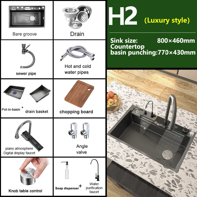 Stainless Steel Waterfall Kitchen Sink Extra Large Single Slot Multifunctional Sinks Digital Display Dishwashing Basin