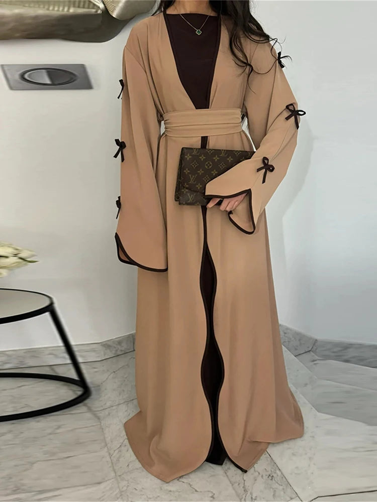 Ramadan Eid Open Modest Kimono Butterfly Bow Abaya Dubai Luxury Muslim Abayas for Women Islam Kebaya Caftan Robe Femme Musulmane.