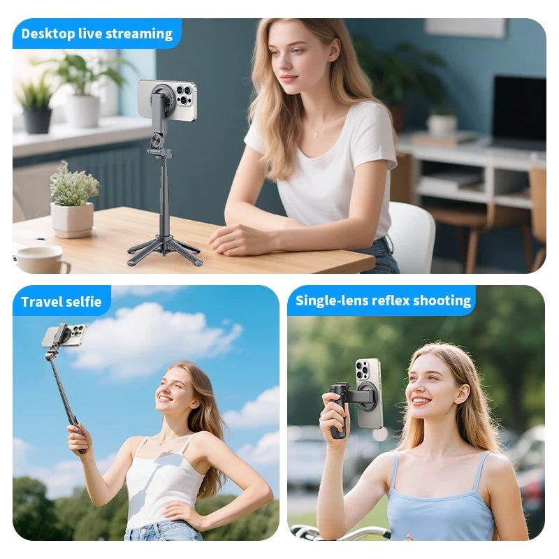 Magnetic Phone Holder 360° Rotation Pocket Selfie Stick With Bluetooth Remote Adjustable Desktop Stand for Live Streaming.