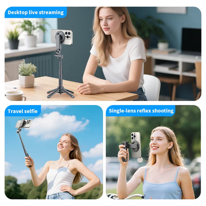 Magnetic Phone Holder 360° Rotation Pocket Selfie Stick With Bluetooth Remote Adjustable Desktop Stand for Live Streaming.