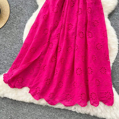 SINGREINY Schickes, ausgehöhltes Kleid mit Stickerei, Rüschen, Spleiß, schulterfrei, elastisch, gerüscht, schlank, 2025, solides, sanftes, langes Urlaubskleid.