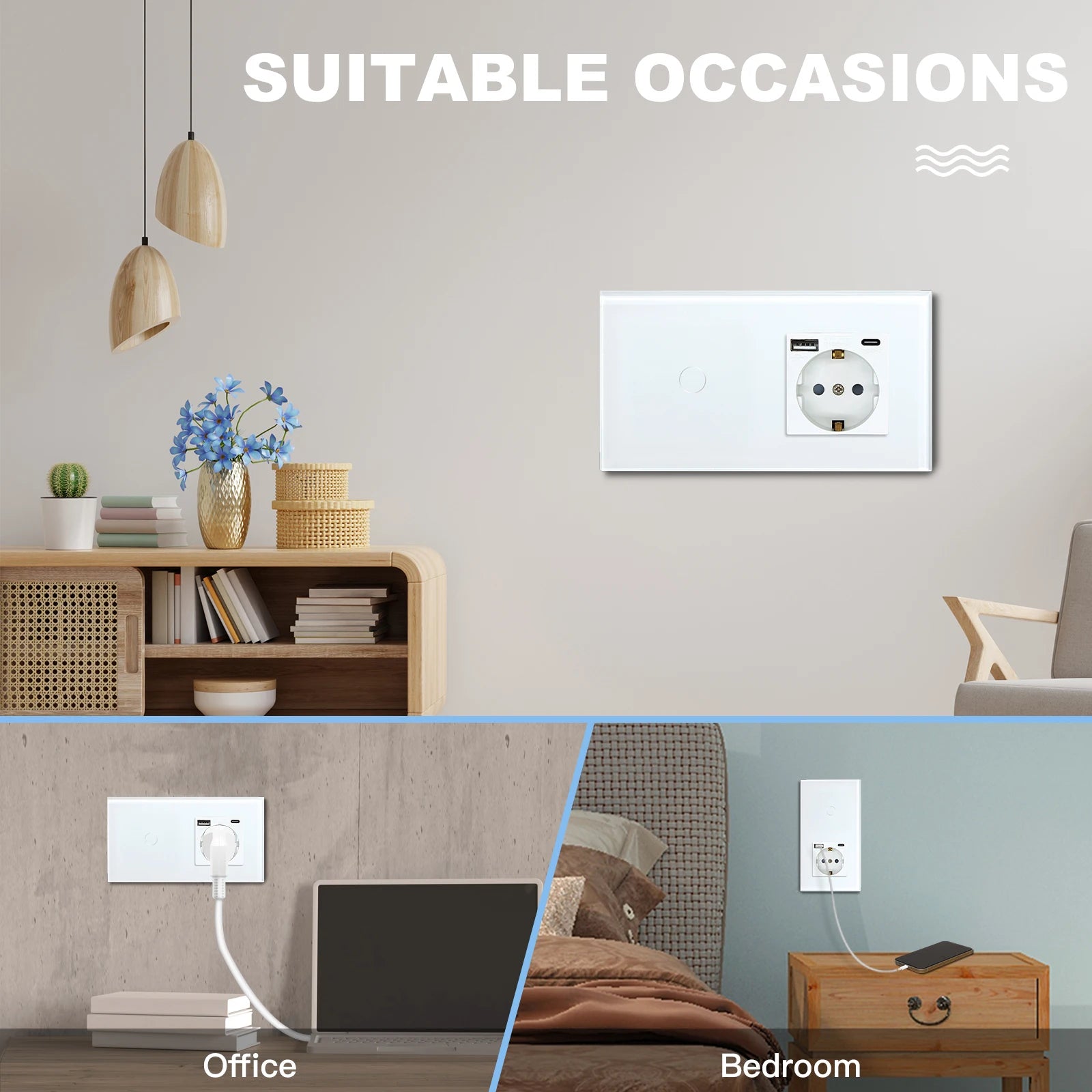 BSEED 1/2/3Gang Touch Licht Schalter 1Way Einfache Sensor Schalter Typ-c USB Steckdosen EU Standard glas Panel Blaue Hintergrundbeleuchtung 10A Weiß.