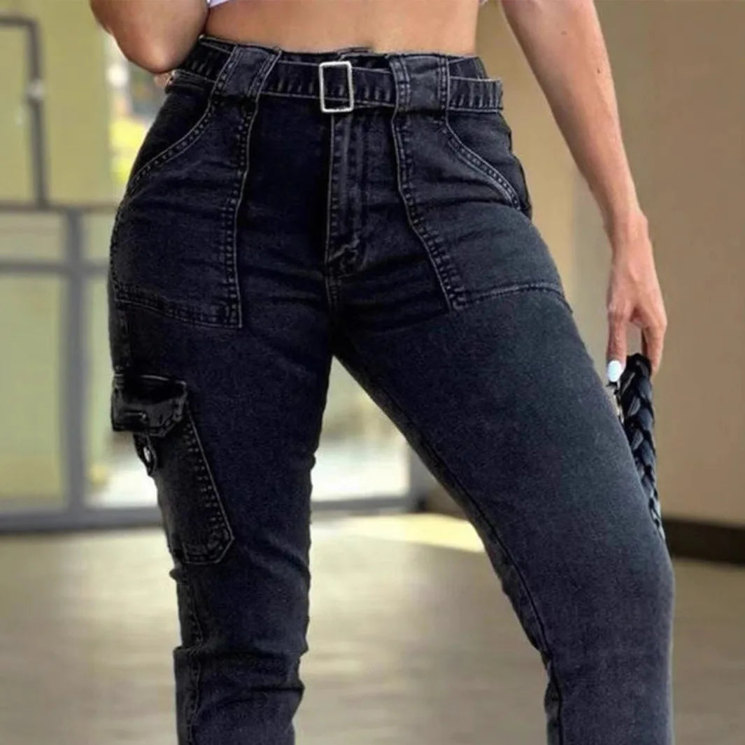 Europe and The United States Foreign Trade New Belt Women's Classic Sexy Tight Small Foot Pants High Spring Washed Cargo Jeans.