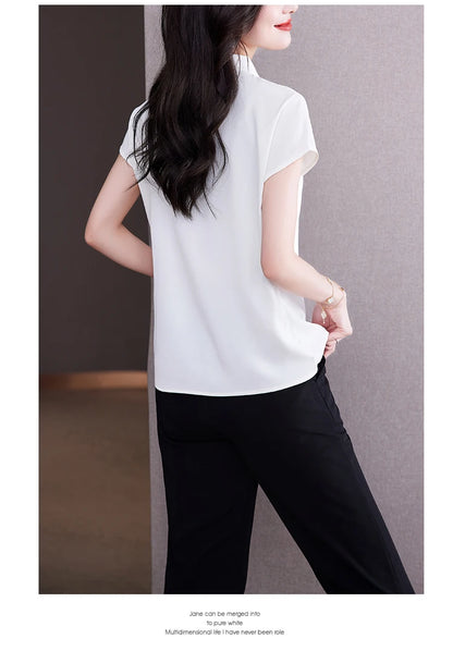 Bow Tie Blouse Shirt for Women OL Elegant Blouses Satin Womens Tops Silk Female Clothing 2023 Korean Fashion Short Sleeve Blouse.