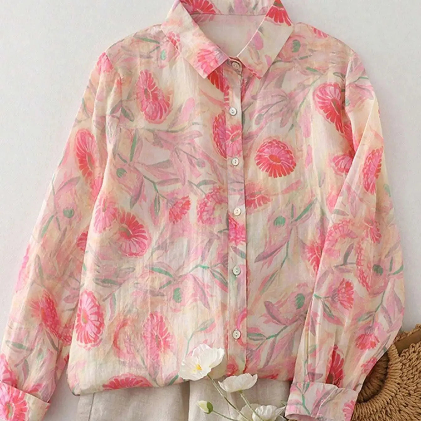 Ladies long sleeve shirt new style floral pattern shirt French style simple daily button casual women's top.