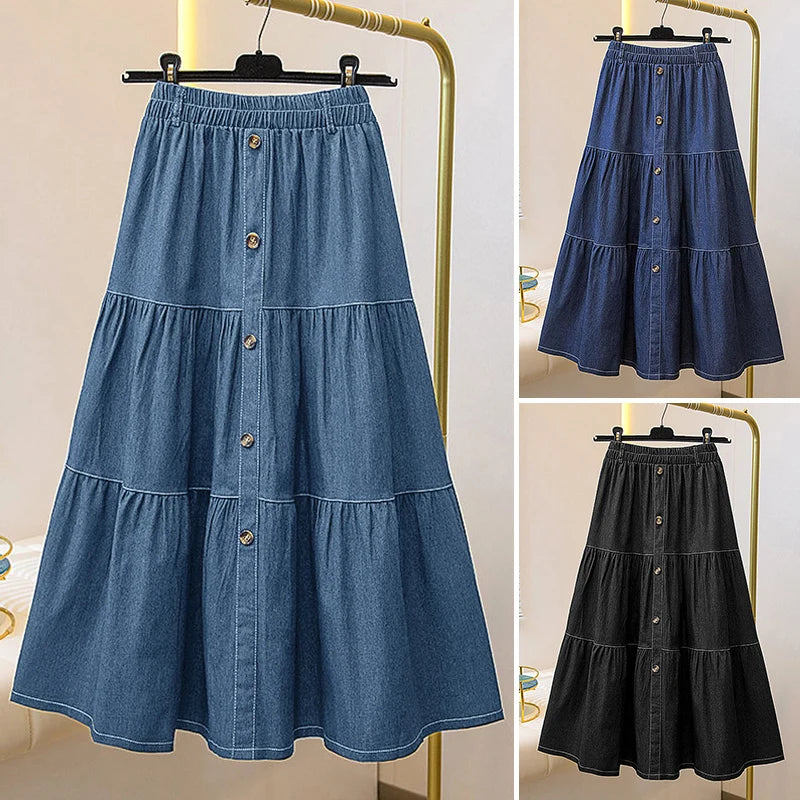 Autumn Elastic Waist Solid Skirts ZANZEA Fashion Women Denim Blue Skirt Elegant A-line Work Overskirts Casual Loose Holiday Jupe.