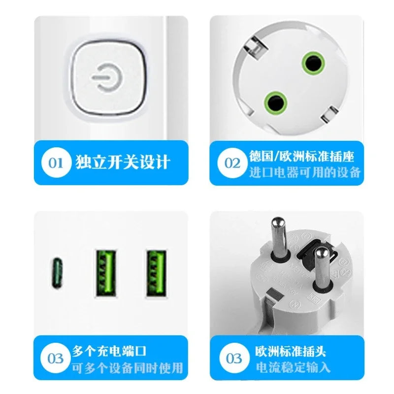 EU-Stecker-Steckdosenleiste, 2/3/4/5 Positionen, unabhängige Steuersteckdose mit 2 USB-Anschlüssen, 1 Typ-C-Anschlüsse, 2 m Verlängerungskabel, Steckdosen.