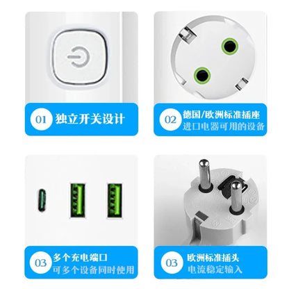 EU-Stecker-Steckdosenleiste, 2/3/4/5 Positionen, unabhängige Steuersteckdose mit 2 USB-Anschlüssen, 1 Typ-C-Anschlüsse, 2 m Verlängerungskabel, Steckdosen.