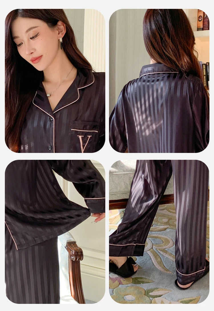 Women's Ice Silk Pajama Set Long Sleeve Long Pants Lightweight Sleepwear for Spring And Autumn Comfortable Homewear Pj Set.