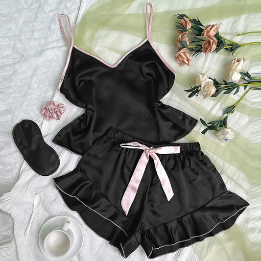 Damen-Pyjama-Set mit Trägern, elegantes Satin-Damen-Pyjama-Set mit Spaghettiträger-Oberteil, rückenfrei, V-Ausschnitt, Rüschen, plissiert für Komfort