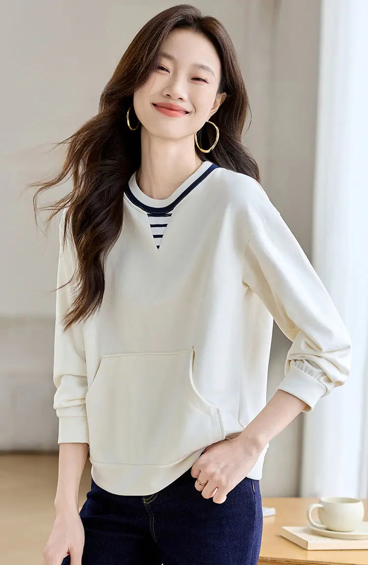 Apricot Round Neck Contrast Long Sleeve Womens Sweatshirt Stylish Casual Minimalist Top.