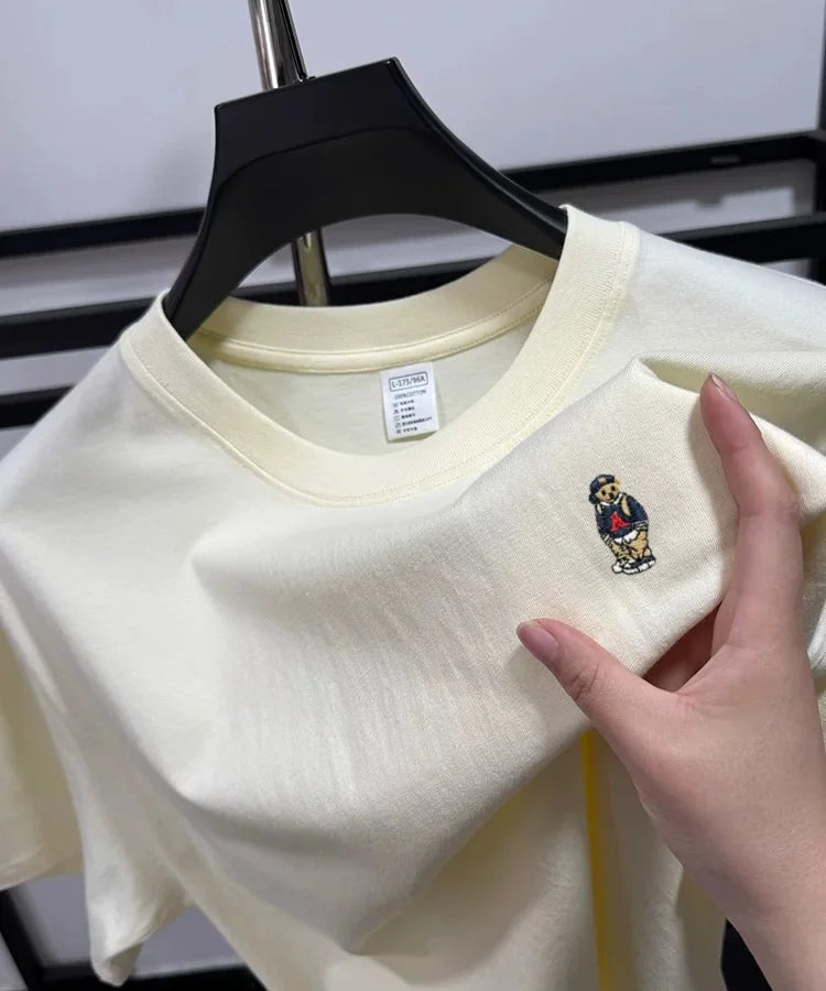 Light luxury 100% cotton men's T-shirt short sleeve round neck skin friendly comfort fashion brand cartoon bear embroidered top
