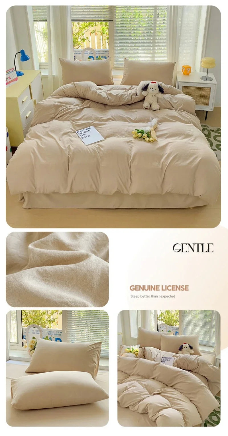 Solid Bed Linen Cotton Bedding Set 4pcs with Sheet Duvet Cover Pillowcases Single Couple Bedsheet Single Couple Twin Size.