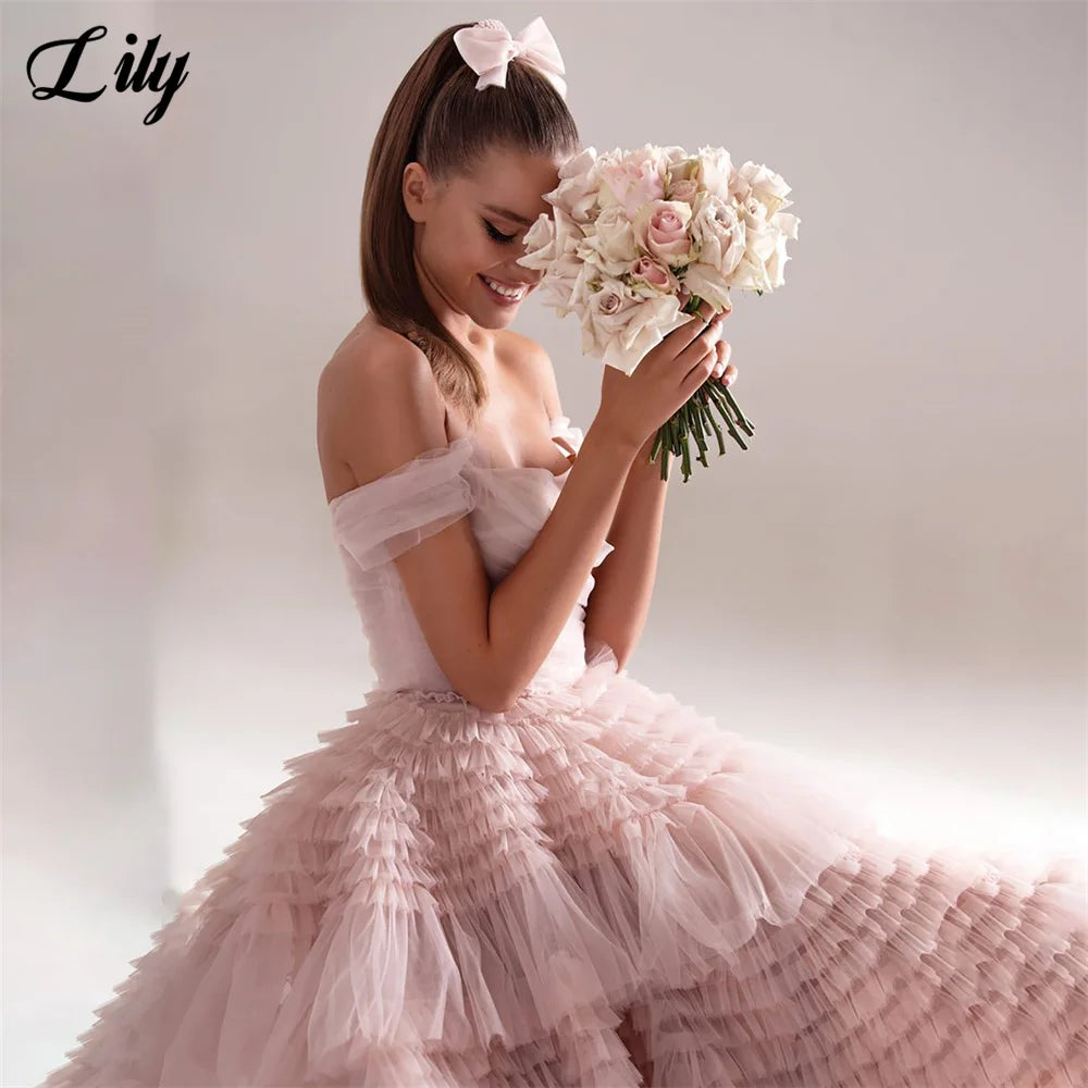 Lilie rosa Netz formelles Kleid abgestufte Schicht träger loses Party kleid für die Hochzeit von der Schulter besonderen Anlass Kleider Robe Soirée.