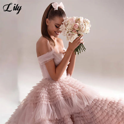 Lilie rosa Netz formelles Kleid abgestufte Schicht träger loses Party kleid für die Hochzeit von der Schulter besonderen Anlass Kleider Robe Soirée.