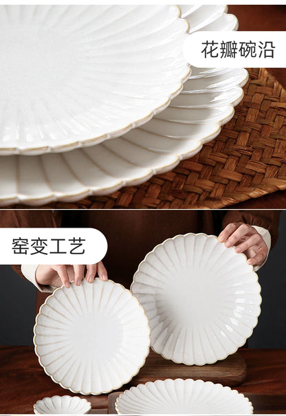 Nordic Household White Bowls Dinner Plates Ceramic White Glaze Tableware Set Western Steak Dish Salad Bowl Vegetable Fish Plate.
