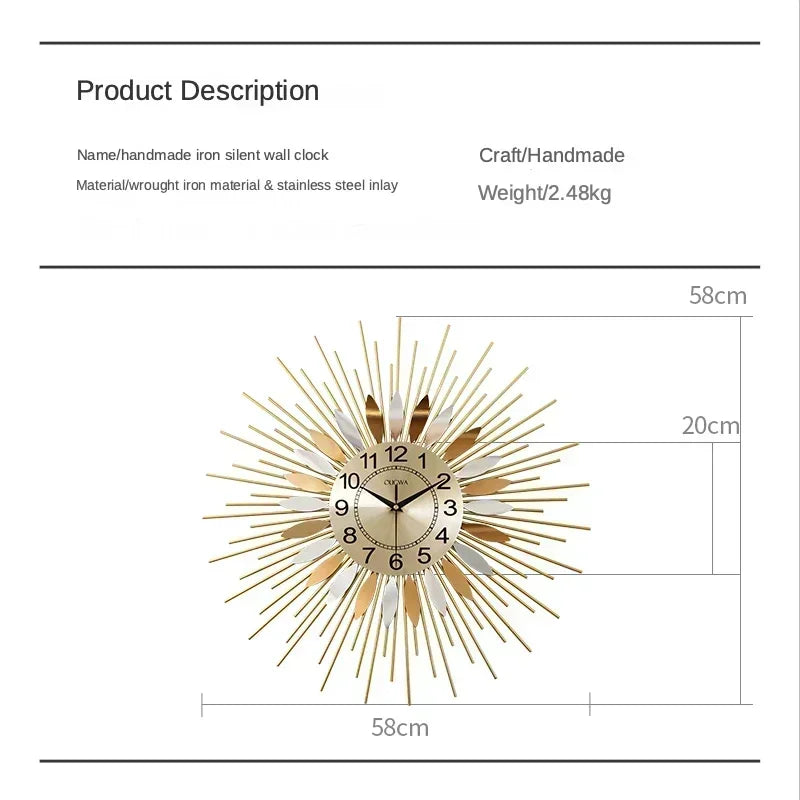 Strahlende Sonnenwanduhr mit goldenen Eisenstangen und Eisenplatten mit orangefarbenen Flammen, robustes Design, symbolisiert Hoffnung und Wohlstand