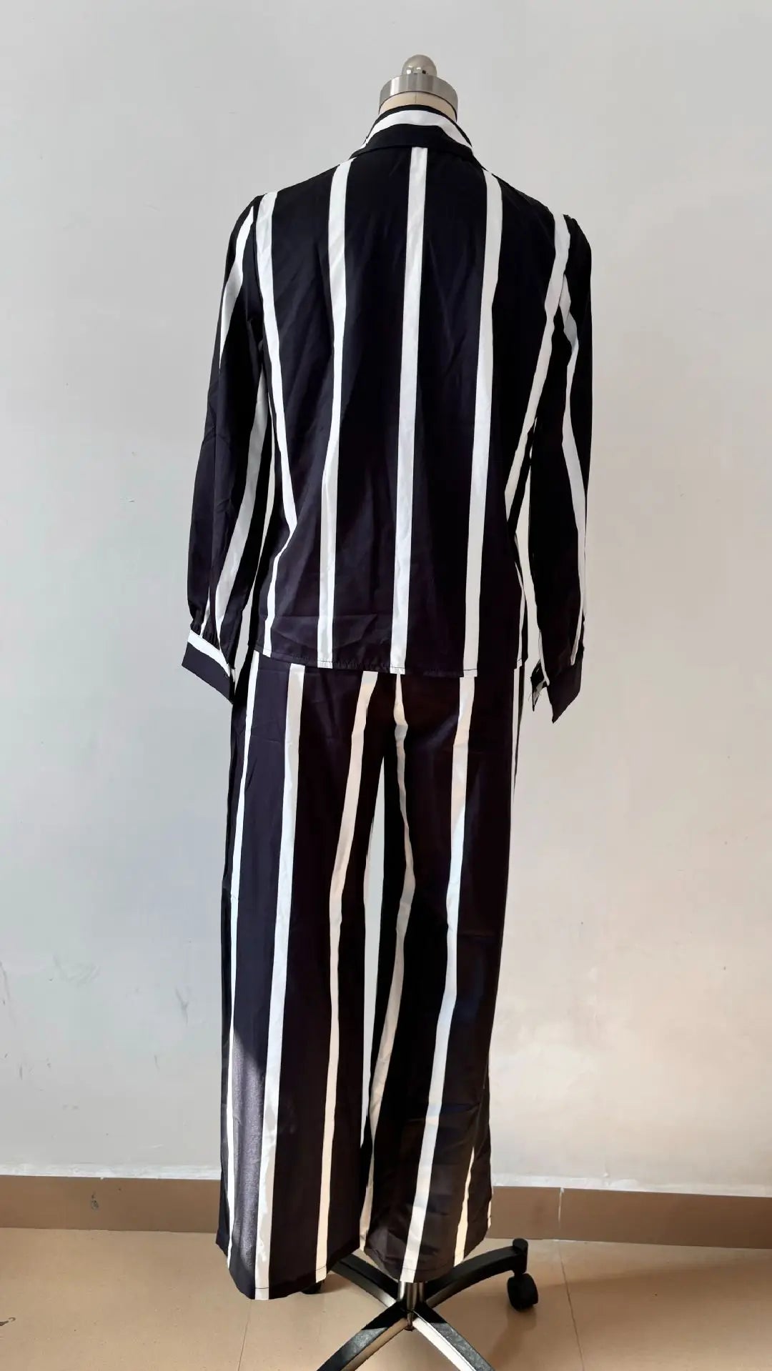 Fashion Striped Print Suit For Women Elegant Lapel Long Sleeved Shirt Elastic Waist Wide Leg Pants Two Piece Set 2024 Autumn New.