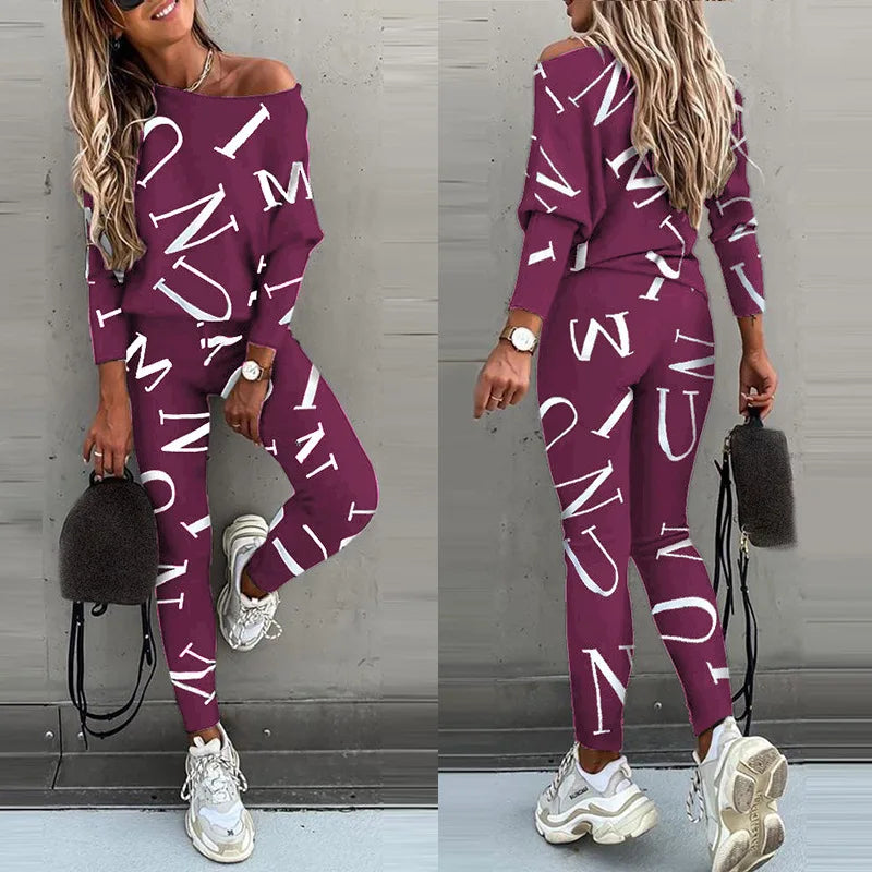 Autumn New Women's Fashion Letter Print Sexy Off Shoulder Long Sleeved Leggings Long Pants Casual Comfortable Two-piece Set.