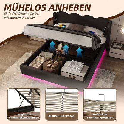 Gepolstertes Doppelbettrahmenpaneel, flache Nudelrahmenhalterung aus Wellpappe, mit LED-Licht, USB+C-Schnittstellenaufladung, 160 cm × 200 cm