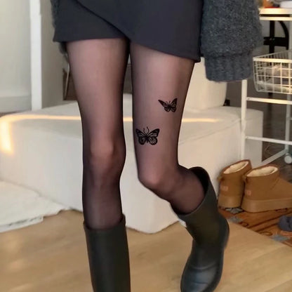 Women Butterfly Print Tights Pantyhose Spring Summer Black Nylon Ultra-thin Stockings Hosiery Spicy Girl Party Club Stockings.