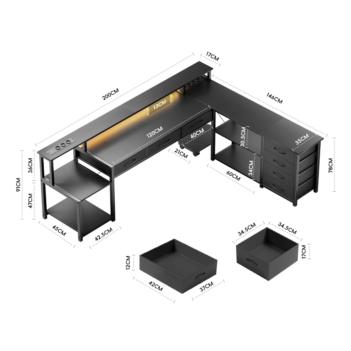 Schwarzer L-förmiger Schreibtisch mit LED Beleuchtung USB Steckdosen und Schubladen Gaming Computertisch 200cm