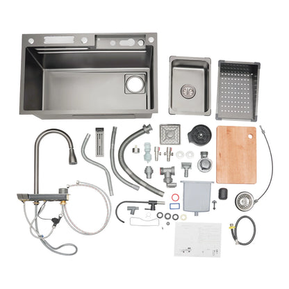 Küchenspüle aus Edelstahl mit ausziehbarem Wasserhahn, Wasserfallspüle mit Digitalanzeige, multifunktionale Küchenspüle für die Arbeitsstation