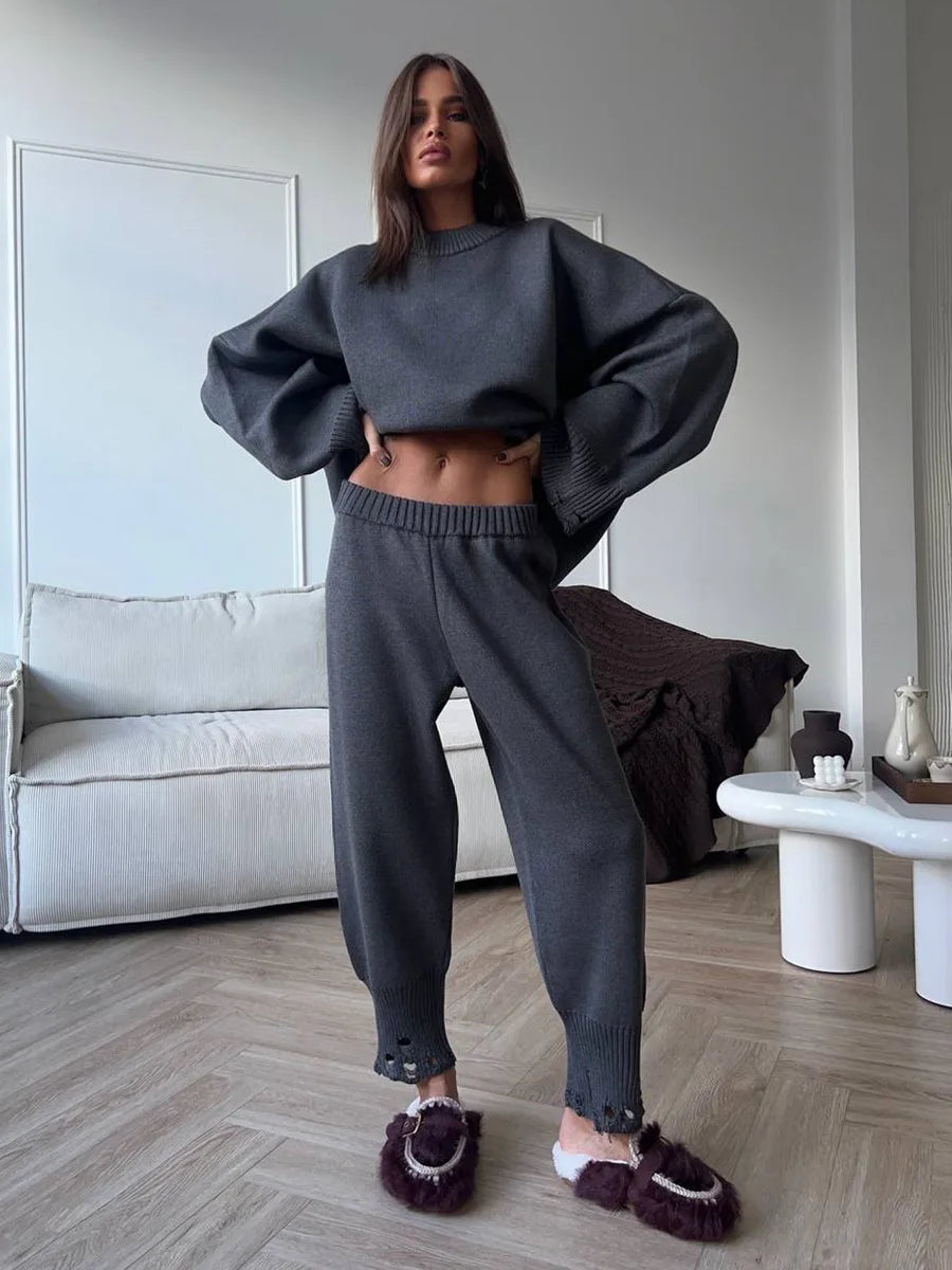 Two Piece Ripped Set Women Knit Tracksuits O Neck Long Sleeve Casual Baggy Sweatshirts+ Joggers Pants Outfits 2025 Fall Winter
