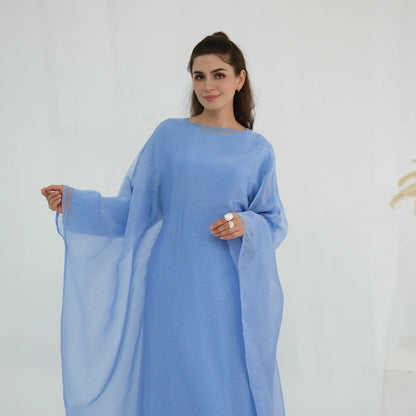 Eid 2 Piece Muslim Woman Set Diamonds Butterfly Abaya with Matching Inner Dress Dubai Luxury Kebaya Caftan Marocain Islam Outfit