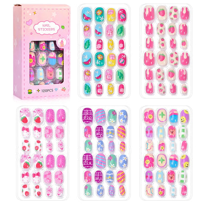 120pcs/box Pink Cartoon Children Press On Nails Candy Color Unicorn Cat Bunny Kids Full Cover False Nail Girls Party Nail Decora