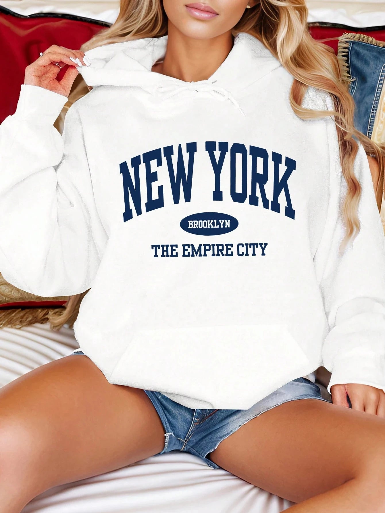 New York Text pattern Pocket Drawstring Hoodie Fleece Warm Hoodies Long Sleeve Tops Autumn Fashion Hoody Casual Loose Streetwear.
