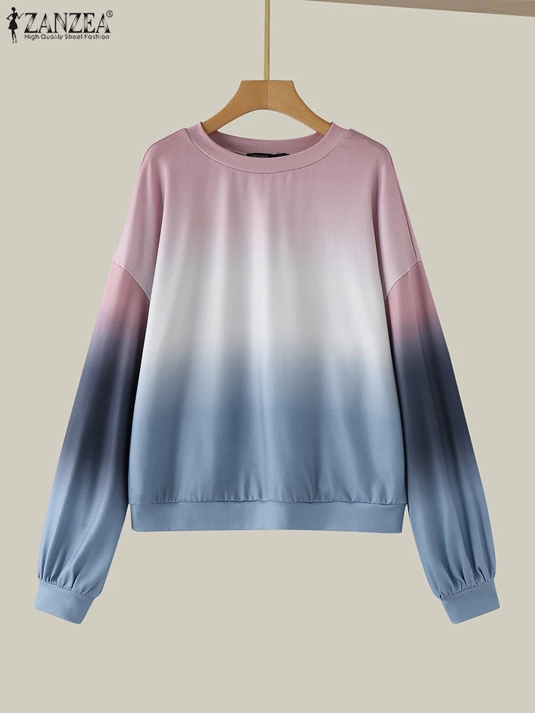 ZANZEA Plus Size Sweatshirts Women Long Sleeve Autumn Fashion Hoodies Gradient Color Round Neck Causal Loose Pullovers 2025 5XL.