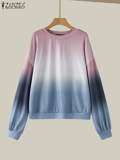 ZANZEA Plus Size Sweatshirts Women Long Sleeve Autumn Fashion Hoodies Gradient Color Round Neck Causal Loose Pullovers 2025 5XL.