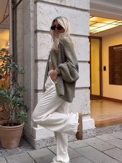 TRAF Women's Bat Sleeve Cardigan Sweater Temperament Lapel Metal Button Decoration Fashion Jacket Casual Commuter Women's Tops.