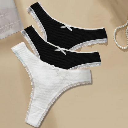 3PCS Sexy Low Waist Panties Women Lace Trim Solid Color Briefs M-XL Breathable Comfortable Lingerie Female Rib Cotton Underwear.